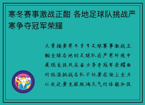 寒冬赛事激战正酣 各地足球队挑战严寒争夺冠军荣耀
