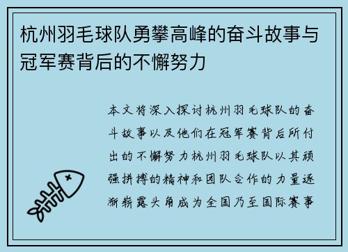 杭州羽毛球队勇攀高峰的奋斗故事与冠军赛背后的不懈努力